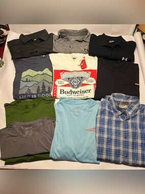 LOT Of 10 Men’s Shirts Size Medium Under Amour Nike Cabela’s Reel Life Wrangler